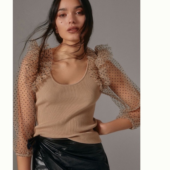 Anthropologie Tops - NWT Anthropologie DOLAN Sheer-Sleeve Polka dot Mixed Sweater Top size M